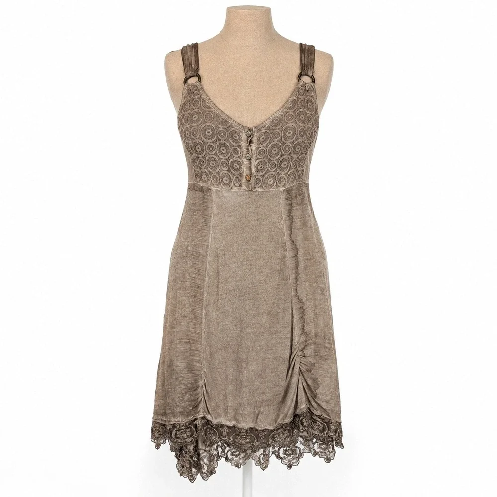 Vintage Y2K Fairy Grunge Babdyoll Mini Dress Sz S Brown Crochet Lace Boho Indie